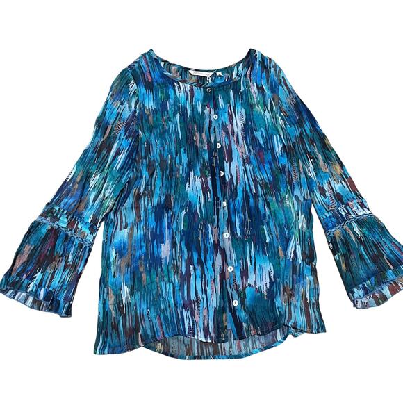 Soft Surroundings Women's Medium Blue Abstract Amelie Top Boho Button Up NWT - Picture 2 of 9